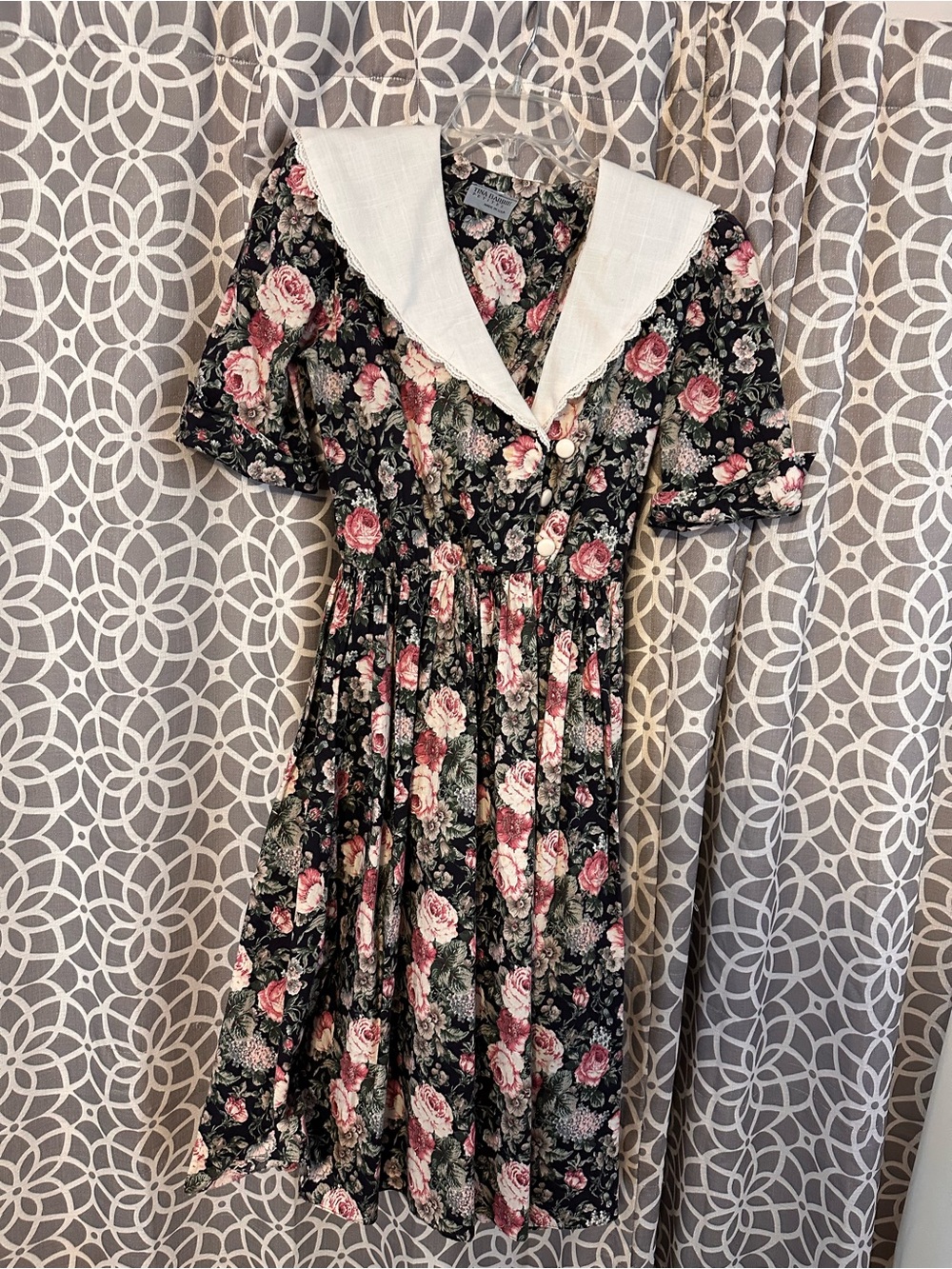 Floral Tina Barrie Midi Dress w Sailor Collar - Black Pink Roses, M